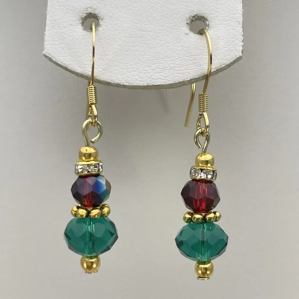 18K Gold Plated Teal Green Red AB Glass Beaded Dangle Earrings Dainty Unique